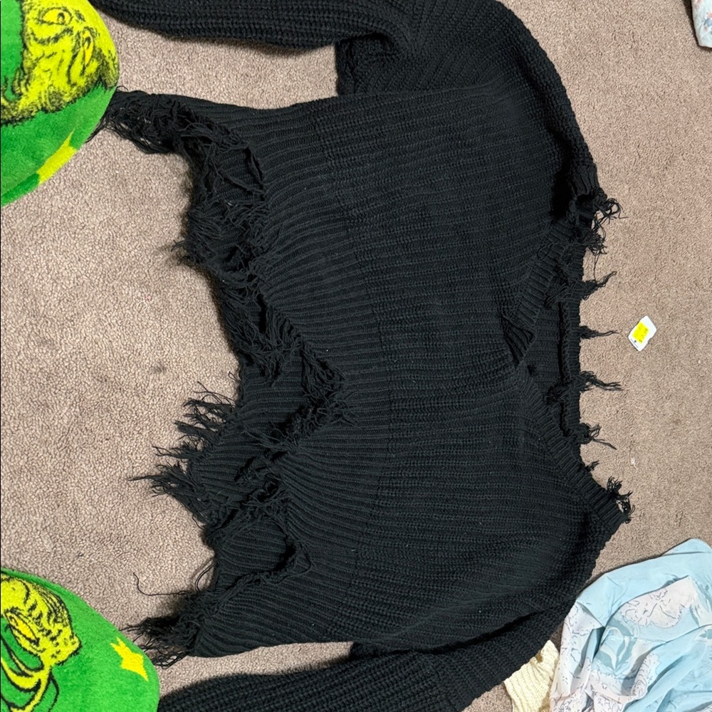 Black Frayed Hem Sweater